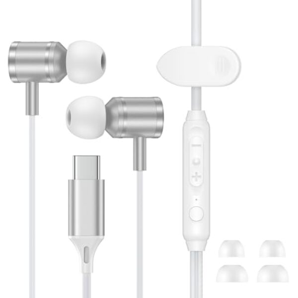 Fones de ouvido com fio para iPhone 17 Pro Max USB C para iPhone 17 17 Pro 17 Air 16E 16 Pro Max 15 Plus 15, fones de ouvido USB tipo C com microfone, fones de ouvido para Samsung Galaxy S25 Ultra S24