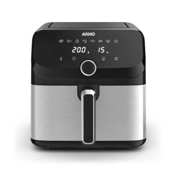 Fritadeira Sem Óleo Arno Air Fryer Mega Digital 7,5L AFD7, 1700W, Inox e Preta, Painel Touch, 8 Funções, Antiaderente, 110V