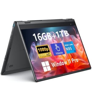 FUNYET Laptop com tela sensível ao toque, laptop para jogos 2 em 1 de 14 polegadas, processador N100, 16 GB RAM 1 TB SSD, 1920 x 1080, desbloqueio de impressão digital, teclado retroiluminado, Wi-Fi 6