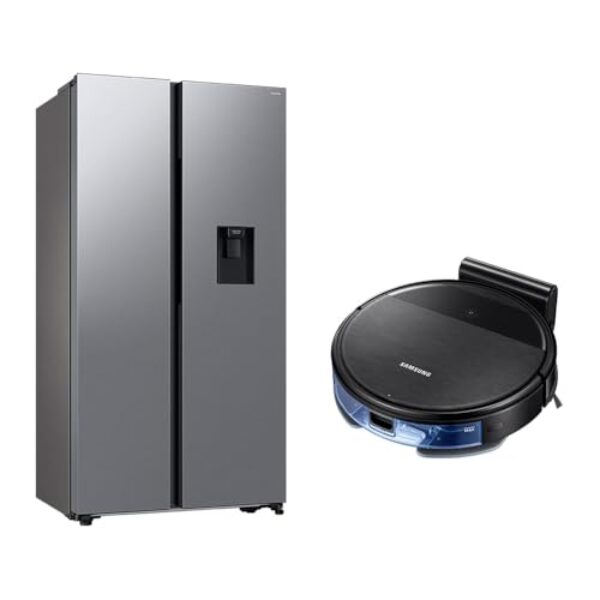 Geladeira Side by Side SmartThings com Dispenser de Água Samsung RS57 Inox 560L 220V + Aspirador Robô com conectividade Wi-FI combo