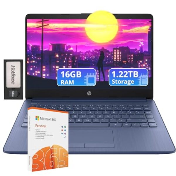 HP Laptop HD carro-chefe de 14 polegadas com Office 365 de 1 ano | 16 GB de RAM | 1,22 TB de armazenamento (64 GB EMMC e 160 GB Docking Station e 1 TB de armazenamento na nuvem) | Processador Intel
