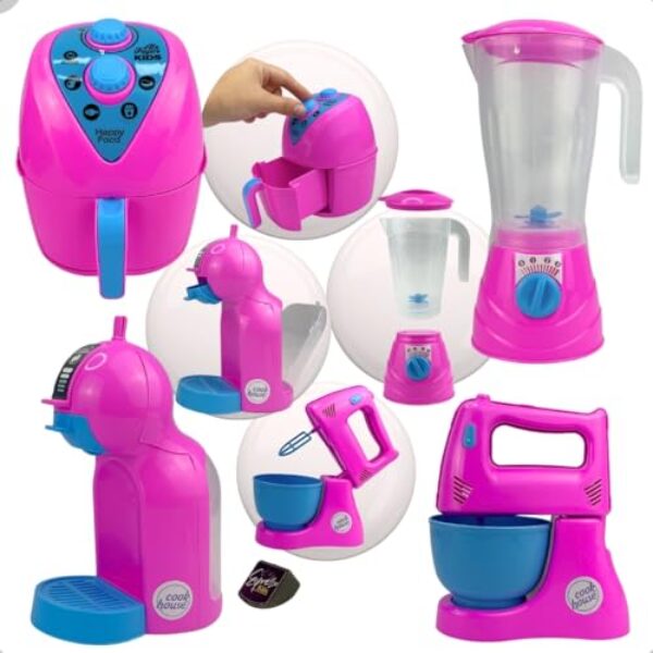 Kit Cozinha Infantil 4 Peças Rosa e Azul Liquidificador Cafeteira Batedeira e Air Fryer Educativo