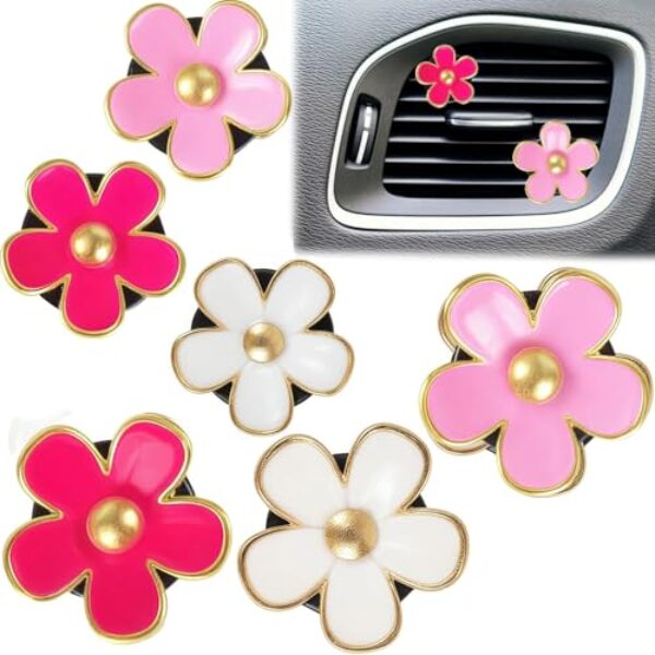 Lusfcnze 6 peças de clipe de ventilação de ar de flor para carro charme acessórios interiores de carro para meninas mulheres decorações de dia dos namorados margarida flores fofos clipes de ventilação