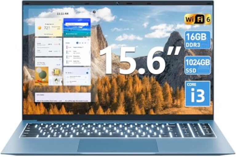 Naclud Laptop de 15,6 polegadas, laptops Windows 11 com 16 GB de RAM SSD de 1024 GB, CPU Core i3-10100Y (até 3,9 GHz), teclado retroiluminado, WiFi 6, bateria de 53,2 Wh, dobradiça de 180°, HDMI