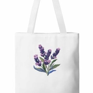 Sacolas de lona, sacola de pano de compras de supermercado, bolsa de ombro reutilizável floral lavanda para viagem, trabalho, academia, Branco