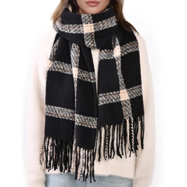 Trifabricy Cachecóis de inverno para mulheres, cachecol cobertor longo, cachecol xadrez moderno com sensação de caxemira, xales de pashmina grossos e envoltórios, Preto - treliça branca a, Tamanho
