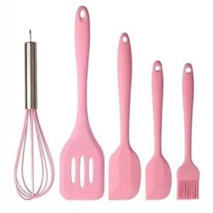 Utensílios De Cozinha Kit Com 5 em Silicone Colher Espátula Fu Espátula Pincel Artigos de Culinária utensilios para cozinha para Fogão, Panelas Antiaderentes e Air Fryer(Rosa)