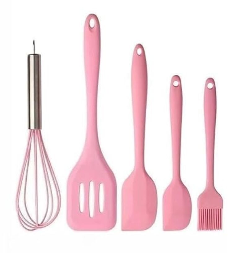 Utensílios De Cozinha Kit Com 5 em Silicone Colher Espátula Fu Espátula Pincel Artigos de Culinária utensilios para cozinha para Fogão, Panelas Antiaderentes e Air Fryer(Rosa)
