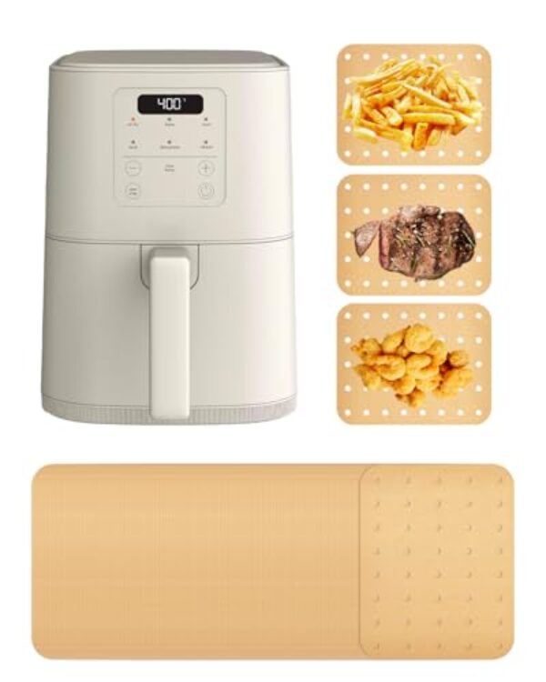 130 peças de forros de papel perfurados para fritadeira a ar fina Bella de 4 litros (capacidade de 1,5 kg), forro de papel pergaminho descartável retangular Airfryer, acessórios antiaderentes de grau