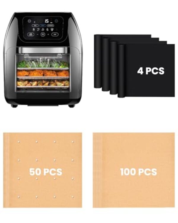 154 peças de forros de fritadeira a ar compatíveis com fritadeira digital multifuncional CHEFMAN de 10 litros, 100 peças de papel manteiga, 50 peças de forros descartáveis perfurados, 4 peças de