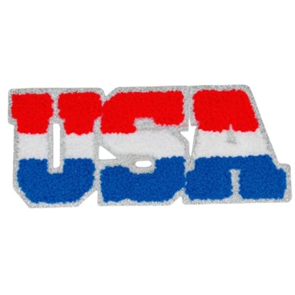 1 peça de adesivos de letras bordadas Chenille USA, remendos de ferro para artesanato DIY, roupas, bolsas, chapéus, adesivos para o Dia da Independência, 4 de julho, moda patriótica diária e mais