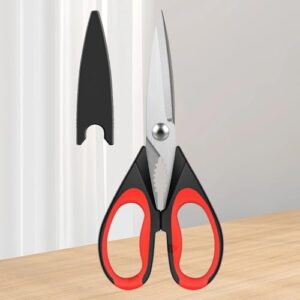 1 tesoura de cozinha preta-vermelha, tesoura de aço inoxidável com bainha e abridor de garrafa embutido