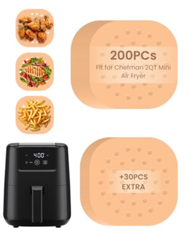 230 peças de forros de fritadeira a ar descartáveis, compatíveis com acessórios de mini fritadeira a ar Chefman de 2 litros, inclui 200 peças de folhas de papel pergaminho perfuradas quadradas e