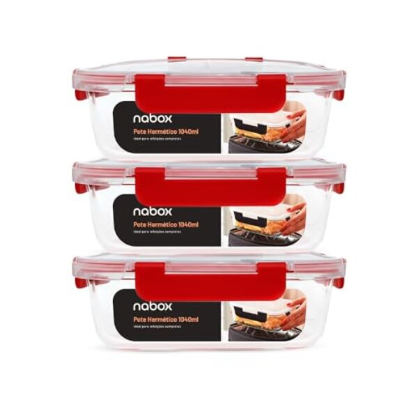 3 Potes De Vidro Hermético Trava Rotação 180º Marmita 1040ml (Vermelho)