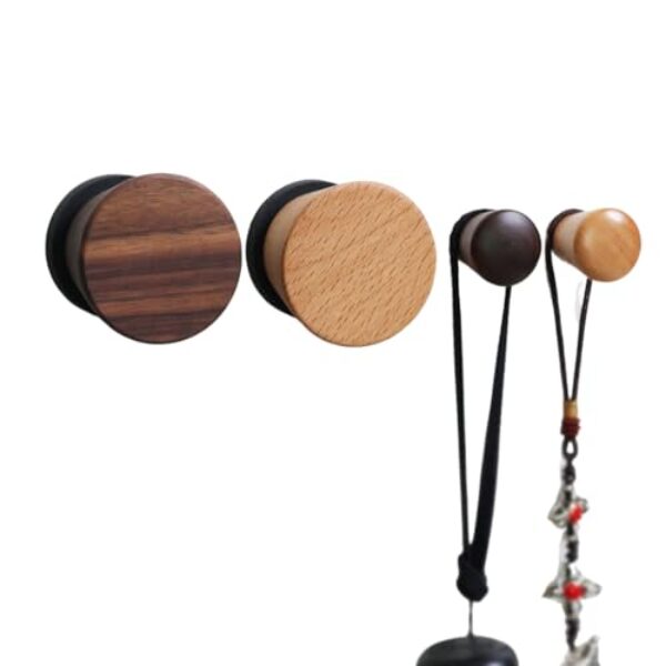 4 ganchos magnéticos retrô, ganchos de bola de madeira de ferro forjado, armazenamento criativo sem perfurações para geladeiras, portas de metal e armários (cor de madeira)