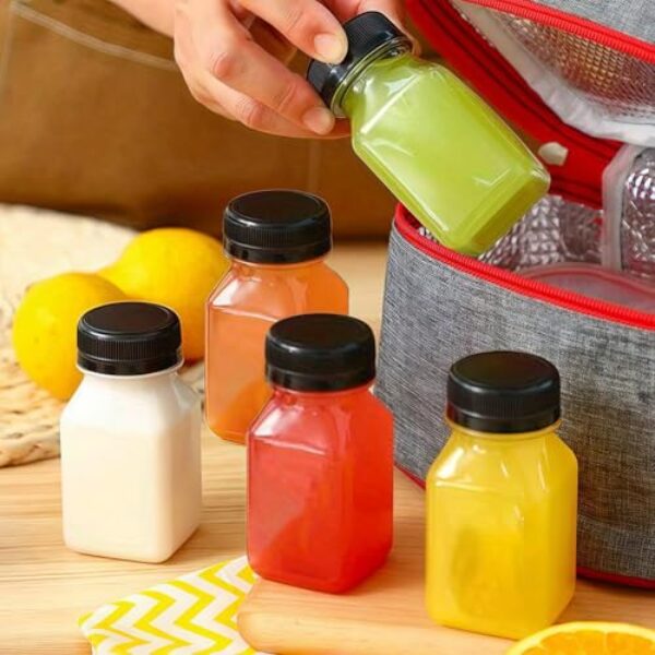 5 recipientes reutilizáveis de garrafa de suco de 142 g com tampas pretas para suco, milk-shake e outras bebidas, armazenamento na geladeira