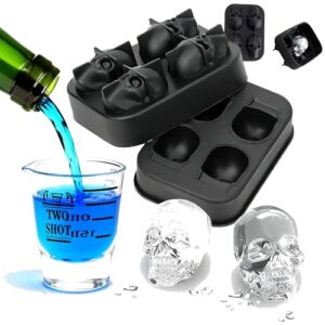 6 bandejas 3D para cubos de gelo de caveira, 2 conjuntos com copo medidor e 3 funis, molde de gelo de caveira de silicone com tampa para bebedores de uísque – moldes de gelo de Halloween para assar