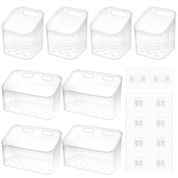 8 peças de cesta de parede transparente, organizador de porta de armário de parede com gancho autoadesivo, caixa de recipientes grandes para banheiro, cozinha, despensa, bancada, sem prateleira de