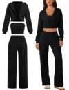 ABOCIW Roupas femininas de 3 peças de jérsei escovado manga longa com capuz cropped bandeau top calça de moletom de perna larga, Preto, Large