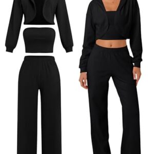 ABOCIW Roupas femininas de 3 peças de jérsei escovado manga longa com capuz cropped bandeau top calça de moletom de perna larga, Preto, Large