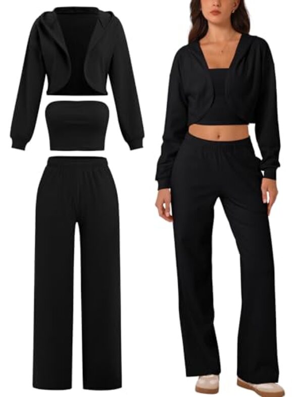 ABOCIW Roupas femininas de 3 peças de jérsei escovado manga longa com capuz cropped bandeau top calça de moletom de perna larga, Preto, Large