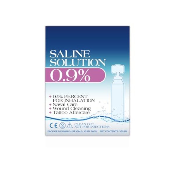 Acihety Solução de enxágue nasal totalmente natural 0,9% salina – frascos portáteis de 15 ml × 20 (total de 300 ml), lavagem nasal diária suave para adultos e crianças, kit de cuidados nasais pronto