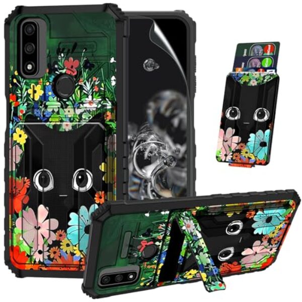 ACWDMKH Capa para celular Motorola Moto G-Play-2023-Capa/Moto G Power 2022/G Pure com protetor de tela, suporte e suporte para cartão, camada dupla híbrida resistente, flor de gato preto