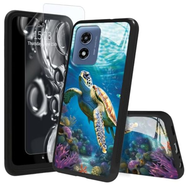 ACWDMKH Capa para Moto G Play 2024, capa para Moto G Play 4G 2024 com protetor de tela traseira de vidro temperado e capa resistente a arranhões de TPU à prova de choque, tartaruga marinha tropical
