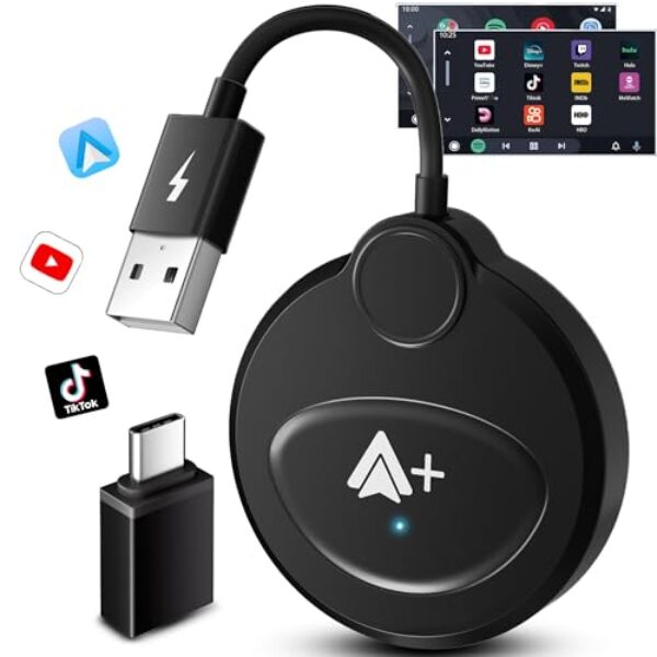Adaptador Android sem fio automático com transmissão de vídeo, baixe e exclua vídeos a qualquer momento, YouTube/TikTok/Disney+/Prime Video integrado, etc., Plug N Play, atualização online, adequado
