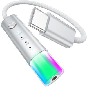 Adaptador de fone de ouvido USB C para 3,5 mm, amplificador embutido, 4 modos de áudio, graves profundos, som surround 7.1, voz clara, luz de néon Hifi estéreo USB C para conector de 3,5 mm para