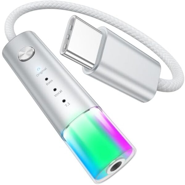 Adaptador de fone de ouvido USB C para 3,5 mm, amplificador embutido, 4 modos de áudio, graves profundos, som surround 7.1, voz clara, luz de néon Hifi estéreo USB C para conector de 3,5 mm para
