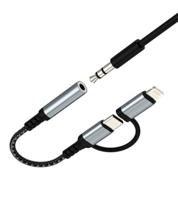 Adaptador de áudio auxiliar para USB C Lightning para iPhone 17 16 15 14 13 Pro Max (2 em 1) 3,5 mm, adaptador de áudio, conector de fone de ouvido, dongle fêmea para porta macho da Apple, compatível