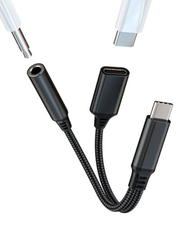Adaptador USB-C para fone de ouvido de 3,5 mm (2 em 1), dongle de carregamento de áudio DAC para iPhone15 Pro Max Plus para iPad Air Mini tipo C carregador divisor cabo auxiliar compatível com Samsung