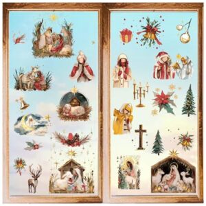 Adesivo autoadesivo de parede de PVC com 8 folhas de Natal Jesus, pinheiro, sino, azevinho, veado, chifre, inverno, impermeável, descasque e cole para decoração de férias de inverno