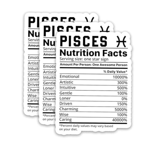 Adesivo Peixes Nutrition Facts (3 peças) – Adesivos de signo do zodíaco, decalques de vinil à prova d'água de astrologia para garrafas de água, laptops, copos, álbuns, 7,6 x 5,6 cm