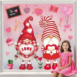 Adesivos de janela extra grande para Dia dos Namorados, decoração de coração, gnomo, elfo, gnomo, vermelho, rosa, adesivos reutilizáveis para dia dos namorados, casamento, casa, escritório, escola