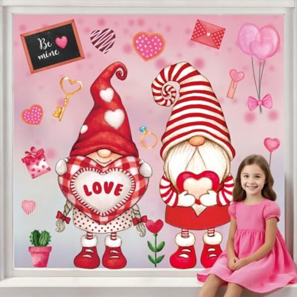 Adesivos de janela extra grande para Dia dos Namorados, decoração de coração, gnomo, elfo, gnomo, vermelho, rosa, adesivos reutilizáveis para dia dos namorados, casamento, casa, escritório, escola