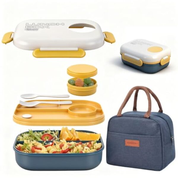 AGREON Lancheira para mulheres e adultos – Caixa Bentô adequada para crianças de 1,054 g com 3 compartimentos com lancheira isolada grossa, à prova de vazamento com recipiente de molho, conjunto de