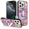 AIGOMARA Capa para iPhone 16 Pro Max com suporte de alça de dedo, estampa floral colorida para mulheres e meninas, capa protetora à prova de choque com suporte de mão antiarranhões, branca