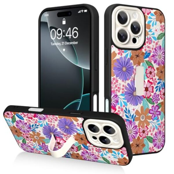 AIGOMARA Capa para iPhone 16 Pro Max com suporte de alça de dedo, estampa floral colorida para mulheres e meninas, capa protetora à prova de choque com suporte de mão antiarranhões, branca