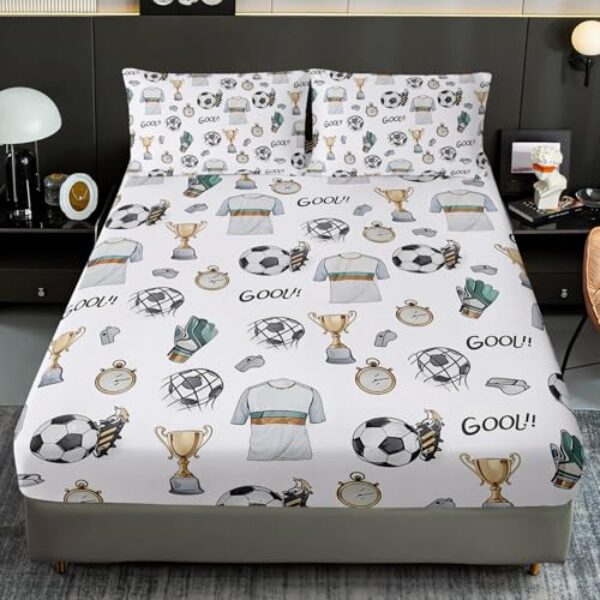 AILONEN Jogo de lençol solteiro com desenho animado de futebol americano, microfibra macia para todas as estações, 3 peças, 1 lençol com elástico + 2 fronhas