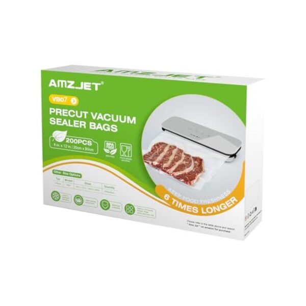 Amz Jet Sacos seladores a vácuo, 200 peças, 20 x 30 cm, sem BPA, saco selador a vácuo de alimentos texturizado de grau comercial, sacos grossos em relevo para armazenamento e cozimento sous vide