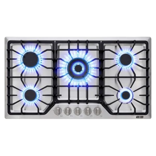 AMZRVSTUDIO Fogão a gás de 76 cm com 5 queimadores potentes Itália SABAF. Max 48.300 BTU/h Fogão a gás embutido em aço inoxidável 304, conversível NG/GLP, ETL.