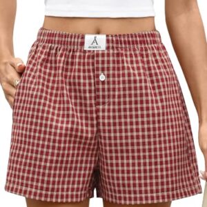 ANRABESS Short boxer feminino pijama guingão 2025 verão casual lounge dormir shorts xadrez Y2K calças de praia, Xadrez cáqui vermelho, M