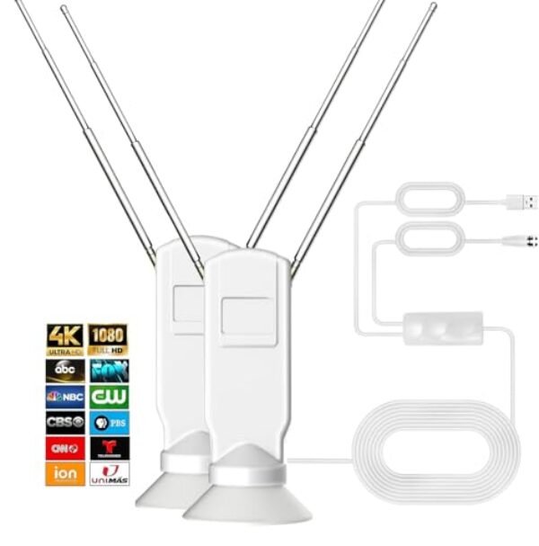 Antena de TV interna para Smart TV, antena digital HD omnidirecional de longo alcance sem cabo, suporta 4K/8K/1080p para canais locais gratuitos, com super amplificador de sinal (branco, 2 peças)