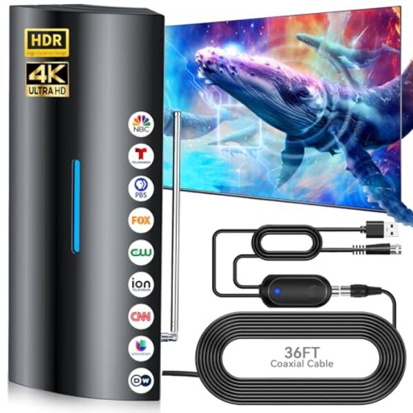 Antena de TV mais forte com alcance de 2800 milhas, antena digital 2025 para Smart TV interna com amplificador, recepção de longo alcance de 360°, canais locais HD - Cabo coaxial de 90 m - Suporta 8K
