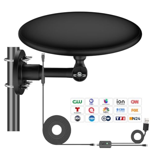 Antena de TV para Smart TV ao ar livre, sinal de antena HD digital de recepção de 720°, suporta 4k/8k/1080p para canais locais gratuitos, com super amplificador de sinal, cabo HDTV de 10,7 m (mais