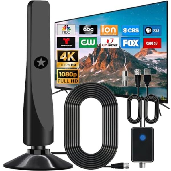 Antena de TV para Smart TV interna 1080 km de longo alcance com amplificador de sinal amplificador, antena HDTV atualizada 2025 suporta 8K 4K 1080P todas as TVs, recepção 360 portátil