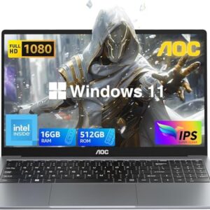 AOC Laptop de 39.6 cm Full HD IPS Display com processador N95, laptops de trabalho 16 GB RAM 512 GB SSD Windows 11 Laptop Business Computer leve e fino, capa de metal, webcam, tipo C, USB 3.2