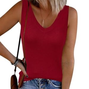 Arach&Cloz Suéter feminino de mistura de lã não transparente com gola V dupla para todas as estações 2025, Vermelho vinho, PP